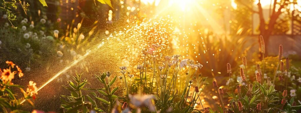 a lush, vibrant garden bathed in golden sunlight features an eco-friendly lawn sprinkler seamlessly watering a variety of blooming flowers and greenery, showcasing an idyllic and sustainable outdoor space.