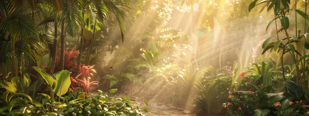 a vibrant garden featuring eco-friendly lawn sprinklers in action, gently misting lush green plants under warm sunlight, showcasing the harmony between sustainable gardening and flourishing nature.