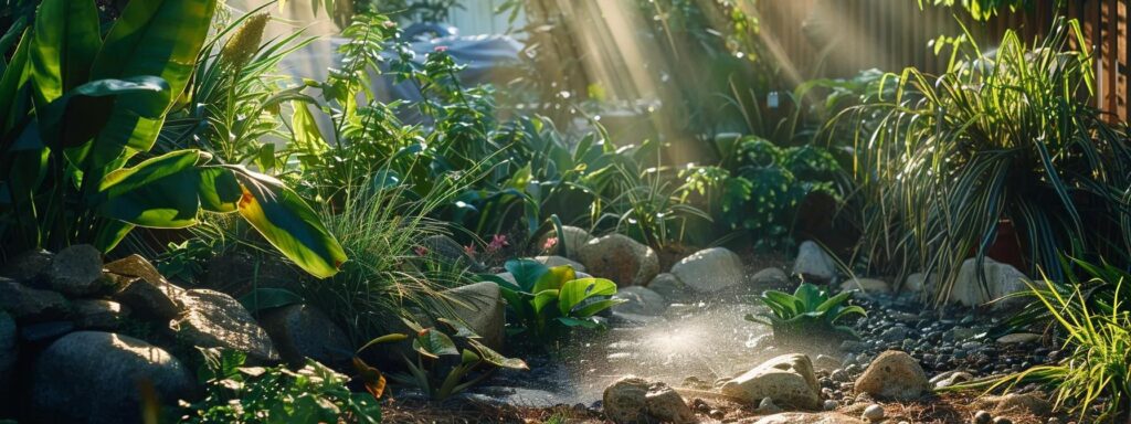 a vibrant garden lush with thriving plants, each glistening under the sun, illustrates the transformative impact of eco-friendly lawn sprinklers, capturing the essence of water conservation and sustainable gardening practices.