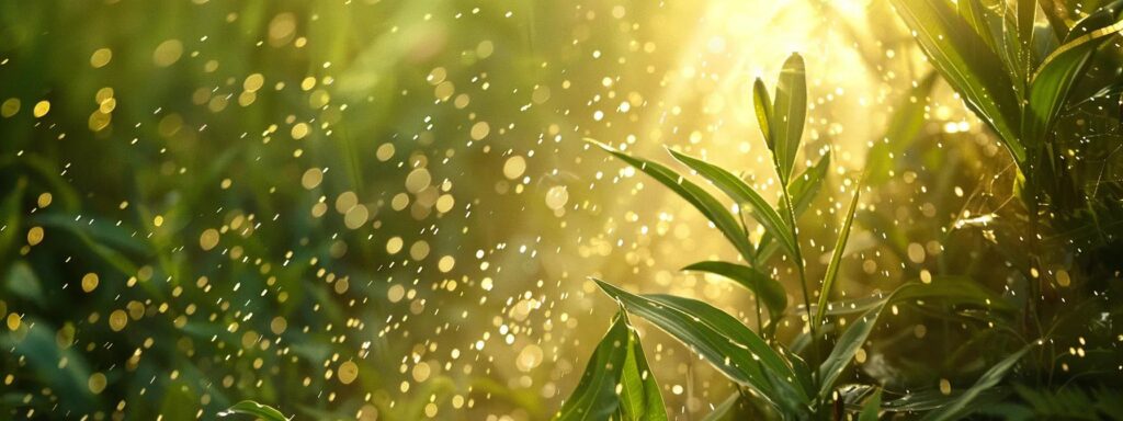 a vibrant green garden, illuminated by soft, golden sunlight, showcases glistening eco-friendly stainless steel lawn sprinklers gracefully spraying water over lush, thriving plants.