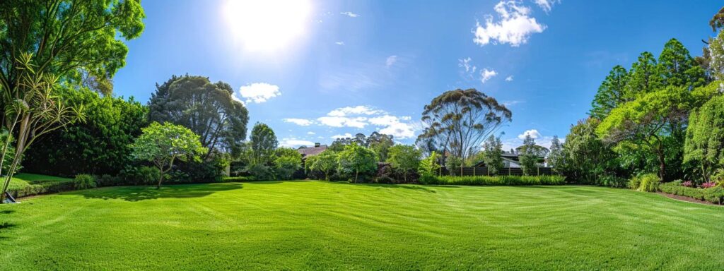 a vibrant green lawn, meticulously managed through organic mowing practices, showcases the beauty of sustainable landscaping under a bright blue sky, symbolizing the harmony between economic savings and environmental responsibility.
