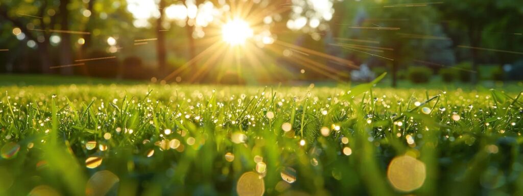 a vibrant green lawn showcases a state-of-the-art water-efficient sprinkler system in action, delivering targeted hydration amidst a backdrop of flourishing grass and lush landscaping, bathed in the warm glow of late afternoon sunlight.