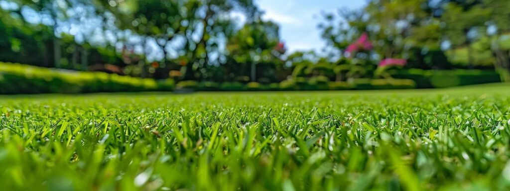 a vibrant, lush green lawn showcases the stark contrast between organic mowing techniques, featuring rich soil and thriving plants, and a distant background depicting a barren, chemically-treated landscape under a clear blue sky.