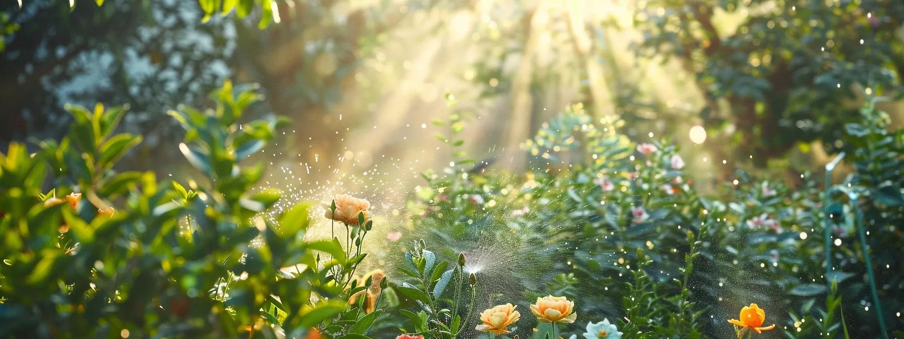 a vibrant, sunlit garden showcases lush greenery, flourishing flowers, and an eco-friendly sprinkler system gracefully watering the plants, embodying sustainable gardening practices.