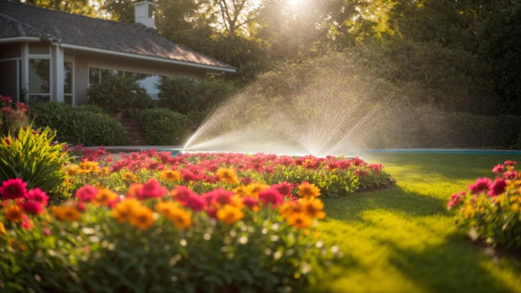 a vibrant garden showcases eco-friendly lawn sprinklers in action, with lush greenery and colorful blooms flourishing under a bright blue sky, illuminated by warm sunlight.