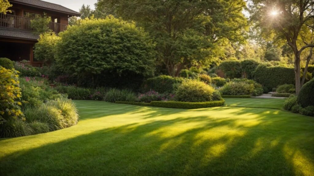a vibrant green lawn, meticulously trimmed and enriched with organic elements, basking under warm sunlight, embodies the essence of high-quality organic lawn care.