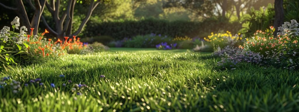 a vibrant, lush green lawn showcases healthy grass blades gleaming in the warm sunlight, surrounded by colorful wildflowers and a layer of rich mulch, symbolizing the beauty of organic mowing practices and ecological harmony.