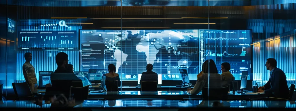 a modern office conference room features a diverse team collaboratively analyzing data on a large screen, engaging in dynamic discussions around seo strategies, with open laptops and digital analytics dashboards showcasing vibrant graphs and trends.