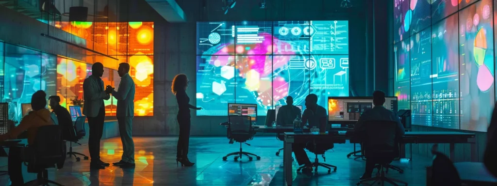 a modern office space filled with diverse professionals engaged in a strategic meeting, analyzing data on digital screens and discussing seo strategies with vibrant infographics highlighting growth in organic traffic and long-term business impact.
