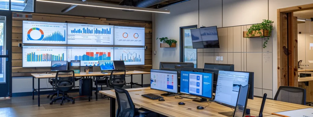 a modern office workspace features multiple computer screens displaying detailed analytics dashboards and performance metrics, illuminated by the soft glow of task lighting, emphasizing a focused environment for monitoring and refining seo strategies.