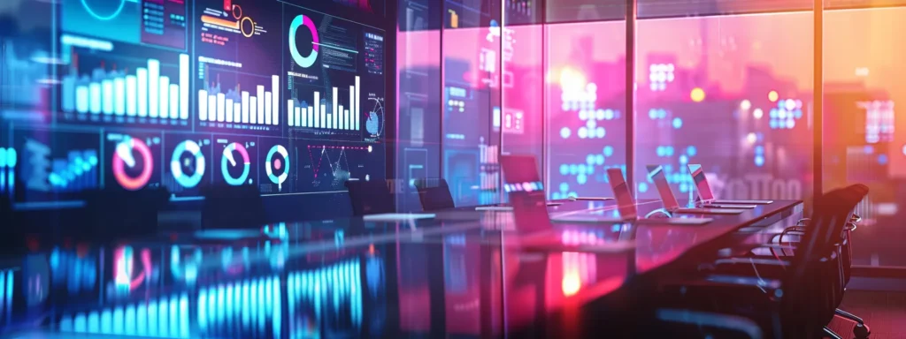 a sleek, modern conference room features a large digital display showcasing a strategic seo plan, with infographics highlighting measurable kpis and objectives, illuminated by vibrant, focused lighting that emphasizes a collaborative work atmosphere.