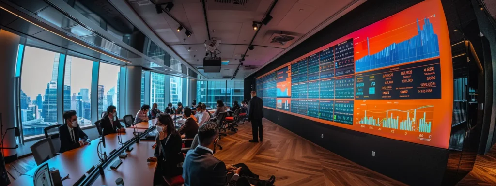 a sleek, modern office with a large digital screen displaying analytics graphs and seo strategies, while a diverse team collaborates around a minimalistic conference table, embodying the dynamic benefits of partnering with an seo agency.