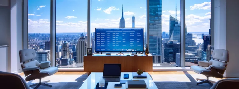 a sleek, modern office workspace features a large digital screen displaying dynamic seo analytics, surrounded by minimalistic furniture and a backdrop of city skyline through expansive windows.