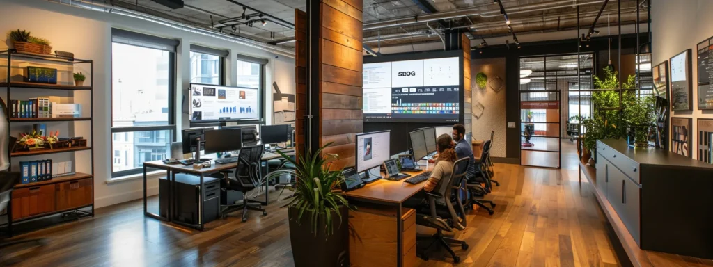 a sleek office workspace features an seo expert analyzing client testimonials and performance metrics on multiple screens, surrounded by industry awards and modern tools, conveying professionalism and expertise in digital marketing.